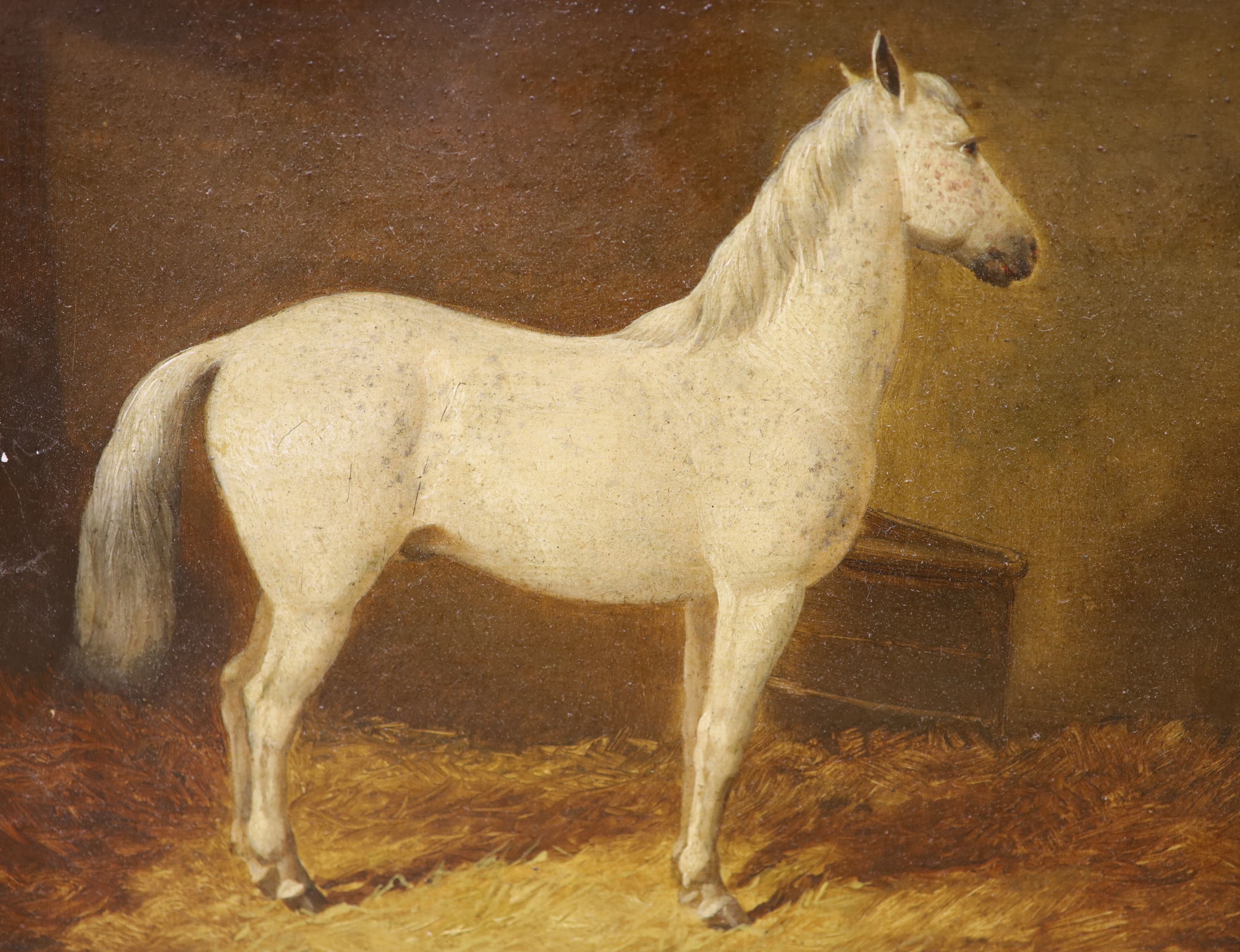 19th century English School, pair of oils on board, Portraits of horses in a stable and a landscape, 19.5 x 24.5cm